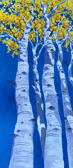 an acrylic painting of trees with yellow leaves and blue sky in the background