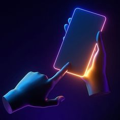 a hand holding an electronic device with neon lights on it's side and pointing at the screen