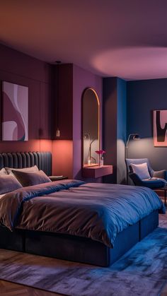 a bed room with a neatly made bed and purple walls