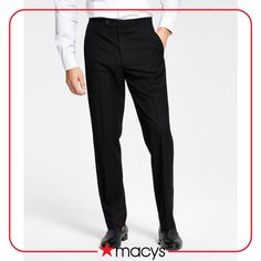 Make sure your style shines at your next sophisticated soiree with the crisp classic lines and shimmering grosgrain taping at the sides of these comfortable stretch suit pants from Alfani. Classic Black Slim Fit Bottoms, Classic Black Flat Front Pants, Classic Black Slim Fit Pants, Black Slim Fit Flat Front Pants, Slim Fit Black Pants With Flat Front, Tuxedo Pants, Black Tuxedo, Suit Pants, Your Style