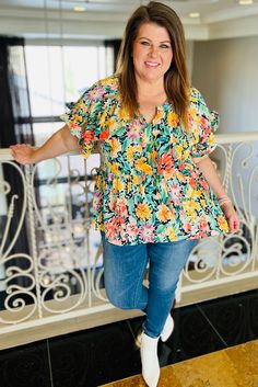 This graceful blouse is a flattering fit for plus size women Feminine ruffled short sleeves add a touch of elegance Vibrant floral print for a pop of color to this plus size blouse Lightweight fabric for a soft comfortable wear Size Chart (CM) Sizes Bust Sleeve_Length Length Hem_Width Relax Relax Relax Relax 1X 116 32.5 71 195 2X 124 33.8 73 207 3X 132 35.1 75 219 Elasticity High Size Chart (INCH) Sizes Bust Sleeve_Length Length Hem_Width Relax Relax Relax Relax 1X 45.7 12.8 28.0 76.8 2X 48.8 13 Plus Size Blouse, Stretchy Tops, Ruffle Shorts, Loungewear Set, Plus Size Blouses, Boho Tops, Floral Blouse, Hoodie Dress, Plus Size Tops