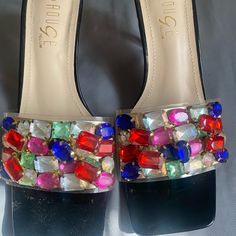 New Never Worn Without Box 4 Inch Heel Multicolor Block Heel Sandals For Party, Multicolor Flat Sandals For Parties, Multicolor Synthetic Sandals For Evening, Evening Multicolor Synthetic Sandals, Multicolor Closed Toe Evening Sandals, Multicolor Open Toe Sandals For Party, Multicolor Open Heel Sandals For Party, Multicolor Round Toe Evening Sandals, Chic Multicolor Sandals For Party