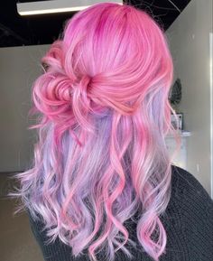 Cotton Candy Split Dye, Pink Hair Blue Highlights, Creative Colour Hair, Pastel Pink And Purple Hair, Pink And Purple Hair Ideas, Pink And Lavender Hair, Candy Pink Hair, Cotton Candy Pink Hair