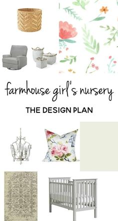 the design plan for a nursery room with flowers and floral wallpaper, including a baby crib