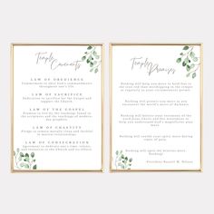 two wedding program cards with greenery on the front and back, in gold frames