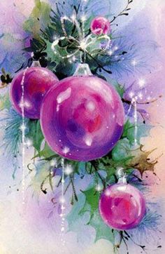 an artistic painting of purple balls and flowers