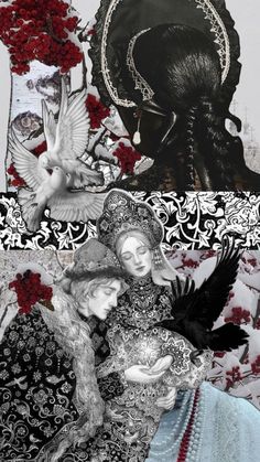 collage of black and white images with red flowers in the background, including two women