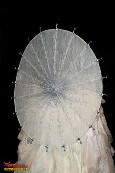 a white umbrella with silver beads hanging from it's side