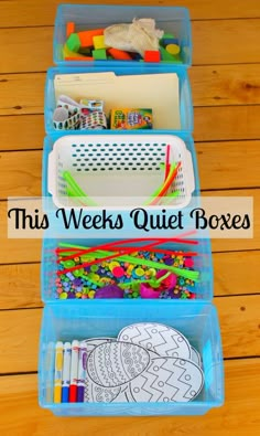 this week's quiet boxes are filled with crafting supplies for kids to make