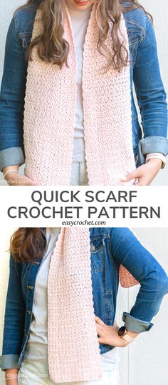 a woman wearing a pink scarf with text overlay that says quick scarf crochet pattern