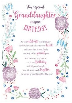 a birthday card for a granddaughter with flowers and leaves on the border, in pink