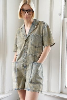 An overdyed light weight denim romper featuring collar, front button down closure, short sleeve and front/back pocketsDetails:Self : 90% Cotton 10% PolyesterSize & Fit- Model is 5`9" And Wearing Size Small- Measurements Taken From Size Small- Approx. Length: 35" Curvy Maxi Dress, What To Wear Fall, Fuchsia Dress, Resort Dresses, Jumpsuits And Romper, Skirt Jumpsuit, Denim Romper, Curvy Dress, Day In The Life