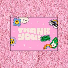 a pink thank you card with rainbows and clouds