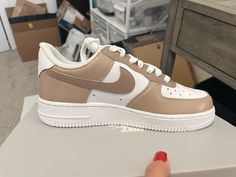 Item Details -Shoes are Nike Air Force 1's that are hand pained with the highest quality paints and sealed with an acrylic sealant. - Color block beige/ tan nike Air force 1 -hand painted three toned, beige color Youth sizes available please just message me and we can make it work! In the personalization box please specify if you would like the Women's or Men's Fit! Brown Air Force 1, Air Force 1 Brown, Beige Nike, Sneaker Closet, Custom Nike Air Force 1, Custom Nike Air Force, Painted Nikes, Nike Shoes Air Force, Sneakers Brown