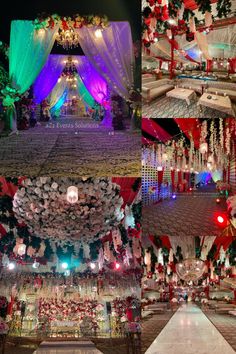 several different pictures of an outdoor event with lights and decorations on the stage, decorated in red, white and green colors