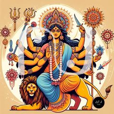 an image of the hindu god sitting on top of a lion with two swords in his hands