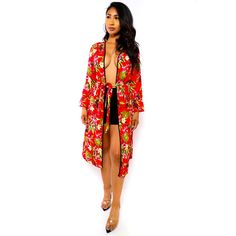 Self Tie Coverup With Contrast Trim 3/4 Sleeves Red Open Front Tops For Spring, Red Open Front Top For Spring, Spring Red Open Front Top, Floral Wraps, Swimsuit Cover, Contrast Trim, Red Floral, Waist Tie, Lady In Red