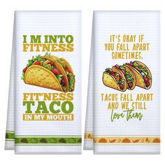 two towels with tacos on them and the words, i'm into fitness