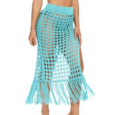 Blue Green Hollow-out High Split Tasseled Beach Skirt Beach Skirt, Color Pick, Petticoat, Blue Green, Split, Skirt, Green, Blue