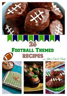 a collage of football themed recipes with pictures of chocolate covered cookies and desserts