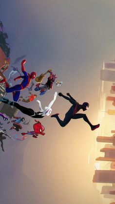 the animated spider - man and his friends are flying through the air with each other