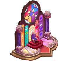 an image of a church with stained glass windows and arches on the front door, in cartoon style