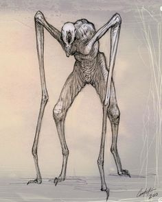 a drawing of an alien standing with its legs crossed