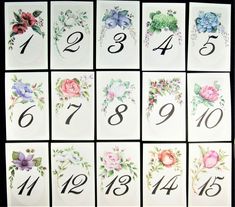 These examples from earlier commissions display a variety of table number designs to choose from.  Before purchasing please email how many table numbers you will need and which of the examples you are interested in.          Pricing:  $3/card - Minimum 12 card purchase    CUSTOMIZED OPTIONS:  Customized table numbers with specific art to complement your wedding theme (12 card min).  This option falls under custom art pricing determined by the amount of art requested.  Once I've received your det Painted Table Numbers, Flower Table Numbers, Flower Variety, Custom Table Numbers, Floral Table Numbers, Hand Painted Table, Beautiful Flower Designs, Number Design, Floral Table