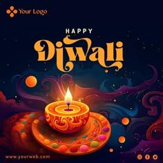 a happy diwali greeting card with a lit candle