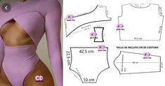 a woman in a purple bodysuit with cutouts on the side and measurements for it