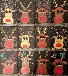 several pictures of reindeers painted on black paper