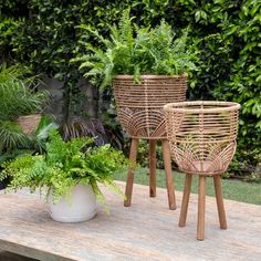 three planters sitting on top of a wooden table in front of some trees and bushes