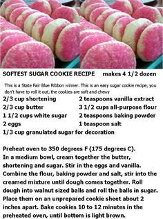 the recipe for softest sugar cookie cookies is shown in three different pictures, one with pink and white frosting on it