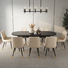 a dining room table with chairs and a vase on the top, in front of a white paneled wall