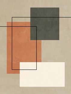 an abstract painting with squares and rectangles in orange, black, grey and white