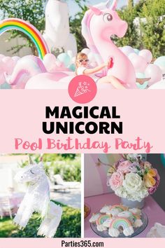 a pink unicorn themed birthday party with balloons and cupcakes