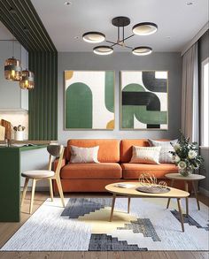 a living room with orange couches and white rugs on the hardwood flooring