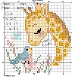 a cross stitch pattern with a giraffe and bird on it's face