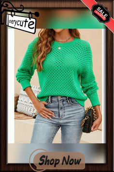 Green Hollow-out Pullover Drop Shoulder Knit Sweater Trendy Green Pointelle Knit Sweater, Casual Green Pointelle Knit Sweater, Trendy Green Open Knit Sweater, Solid Color Pointelle Knit Sweater For Spring, Spring Solid Color Pointelle Knit Sweater, Spring Pointelle Knit Sweater, Green Open Knit Crew Neck Top, Green Crew Neck Open Knit Top, Green Long Sleeve Open Knit Top