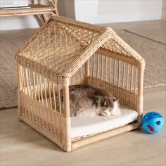 a cat laying in a small wicker dog house on the floor next to a blue ball