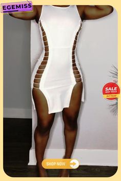 White Sexy Cut-out Dress Spring Backless Bodycon Dress For Going Out, Chic Stretch Bandage Mini Dress, White Bandage Dress For Club, White Bandage Dress For Night Out, Backless Mini Dress For Club In Spring, Spring Club Mini Dress Backless, Spring Club Mini Dress, Backless, White Stretch Dress With Hollow Out Details, White Knee-length Bandage Dress For Party