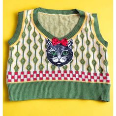 Sleeveless Argyle Black Cat Sweater Crop Top Check Bow Knit Shirt Women L Romwe New With Tags Fitted Sleeveless Tops With Cat Print, Retro Green Sleeveless Tank Top, Y2k Sleeveless Winter Vest, Retro Green Sleeveless Top, Cute Cotton Sleeveless Sweater Vest, Cute Sleeveless Knit Tops, Green Knitted Sleeveless Sweater Vest, Cute Sleeveless Sweater Vest For Winter, Cute Green Sleeveless Top