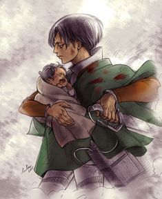 a man holding a baby in his arms while wearing a green coat and scarf with blood on it