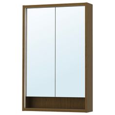 a bathroom medicine cabinet with two doors and mirror on the front, shown in walnut