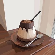 there is a chocolate dessert in the bowl on the table with a spoon next to it