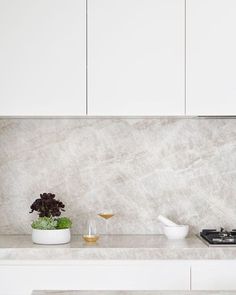 a kitchen with white cabinets and marble counter tops, including a potted plant on the stove