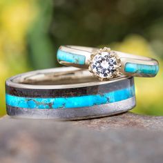 Turquoise Ring Set with Meteorite Silver Wedding Ring With Turquoise Band, Bohemian Turquoise Inlay Ring For Anniversary, Turquoise Wedding Ring With Center Stone, Elegant Handmade Turquoise Wedding Ring, Unique Nickel-free Turquoise Ring For Anniversary, Western Wedding Rings Sets, Turquoise Wedding Ring Set, Turquoise Wedding Ring, Lotus Engagement Ring