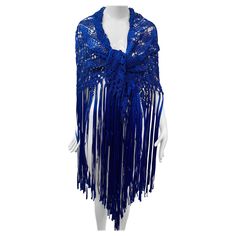 1970s Cobalt Blue Rayon Ribbon Macrame Shawl with Extravagant Fringe: This exuberant example of beautifully executed macrame with make a big blue splash at a party! Large triangular shape. One size fits all. Macrame Shawl, Fringe Shawl, Big Blue, Cobalt Blue, One Size Fits All, Cobalt, Shawl, Macrame, 1970s