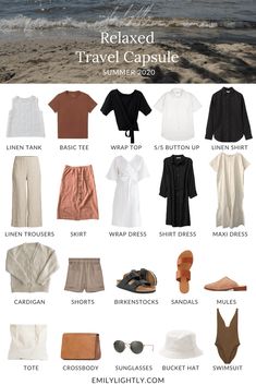 Boho Travel Outfits Summer, Traveler Capsule Wardrobe, Capsule Wardrobe Packing Summer, Comfortable Summer Travel Outfit, Neutral Travel Capsule Wardrobe, Natural And Relaxed Outfits, Summer Closet Capsule, Summer Neutral Outfits Casual, Capsule Wardrobe Trip