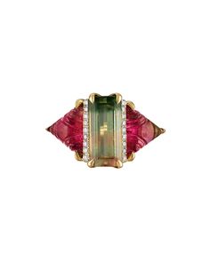 an emerald and pink tourmaline ring set in 18k yellow gold with diamonds